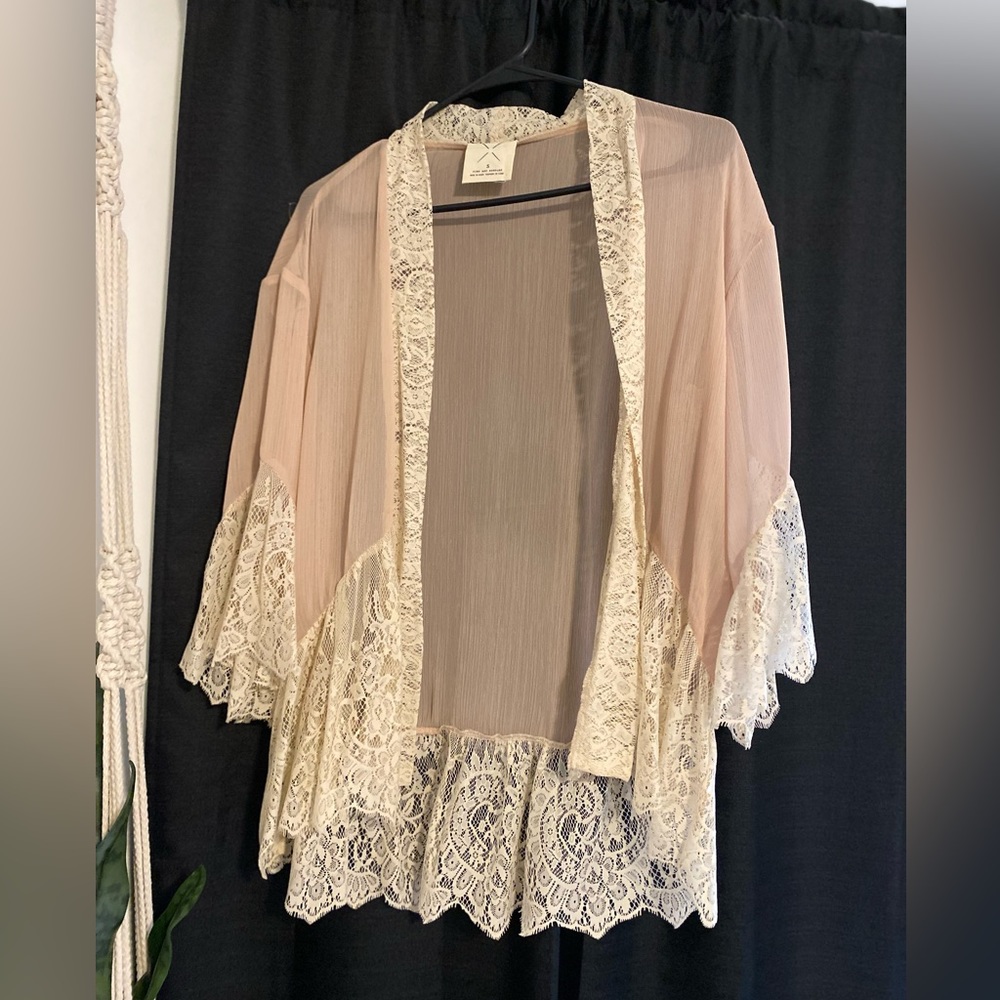Pins and Needles brand cardigan. Sheer, dusty pink with lace trim. Size small.